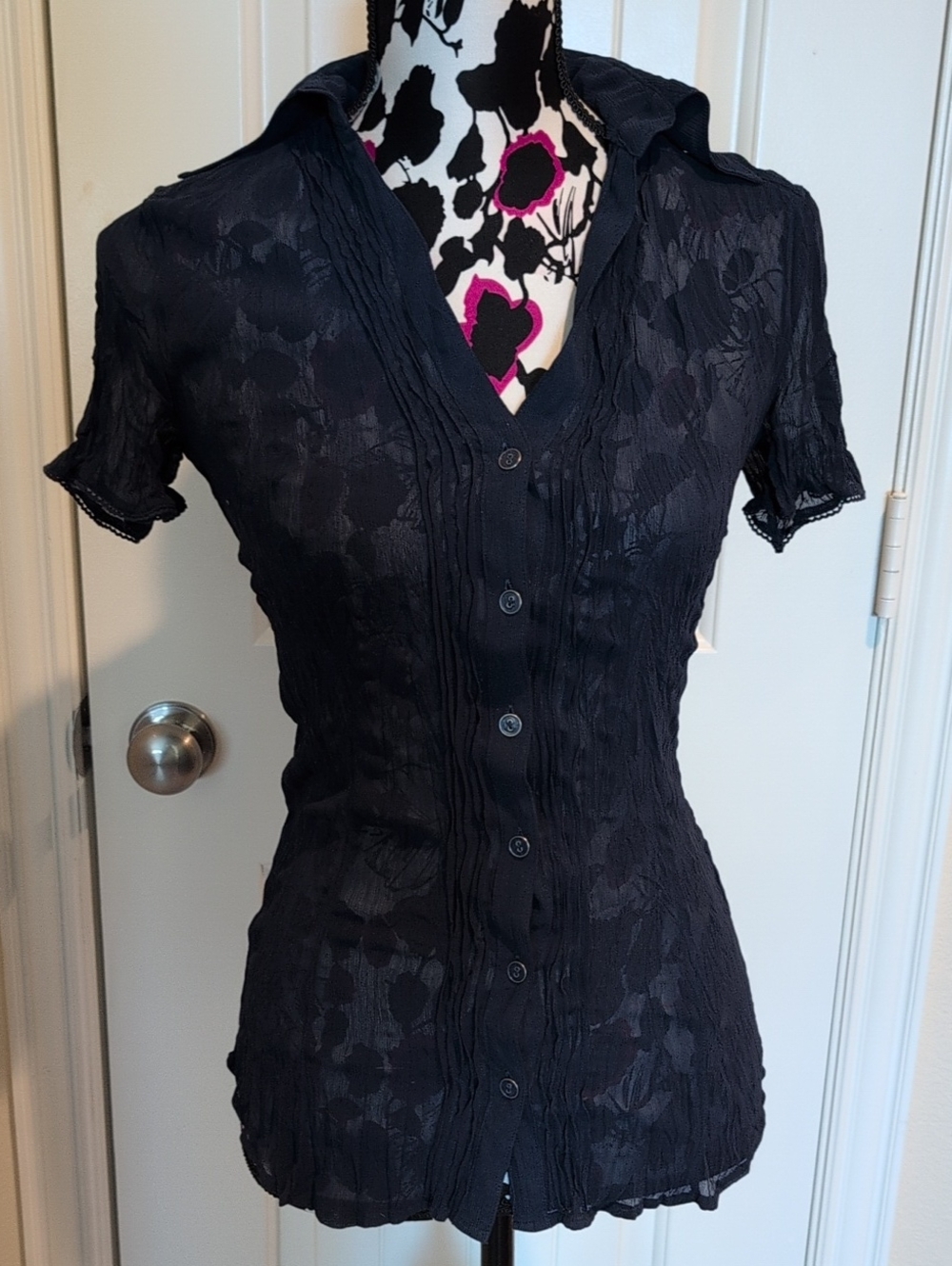 Esprit Navy Blue Short-Sleeve Button Front Women's Top Size XS
